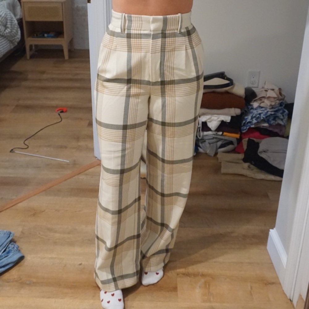 Wilfred Cream and Tan Wide Leg Plaid Pants